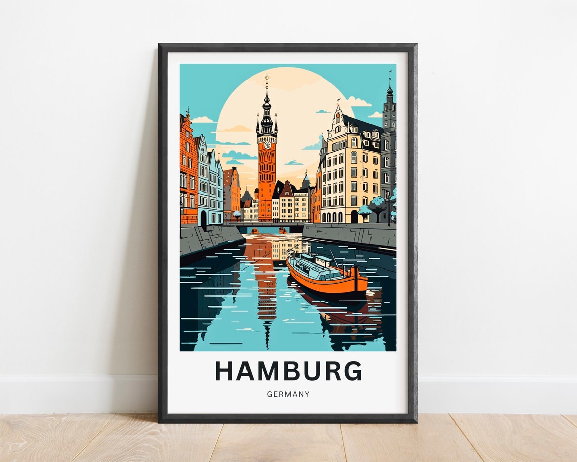 Hamburg Germany Sophisticated Clock Tower Canal Views Poster