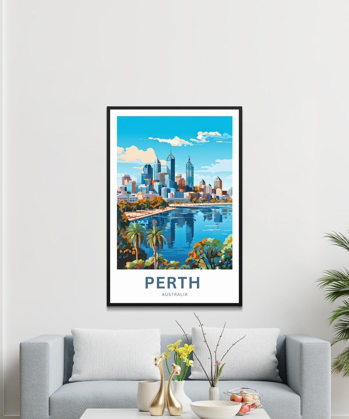 Perth Australia Skyline River Reflection Palm Trees Travel Poster - Image 3