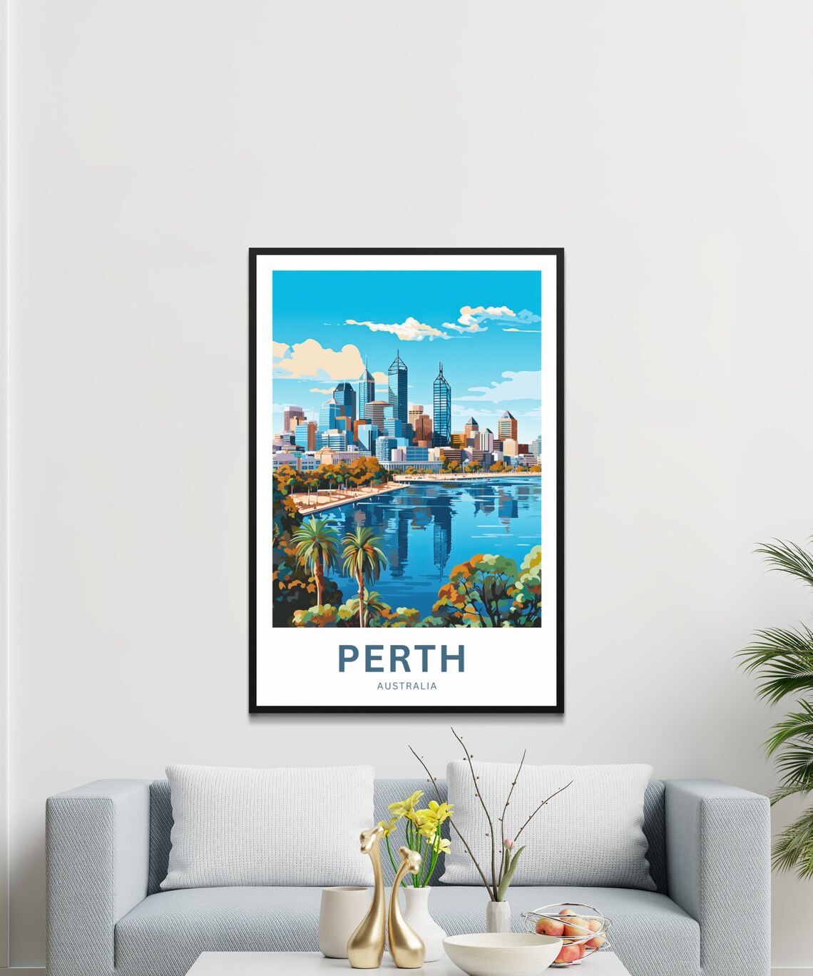 Perth Australia Skyline Waterfront Palm Sunset Travel Poster - Image 3