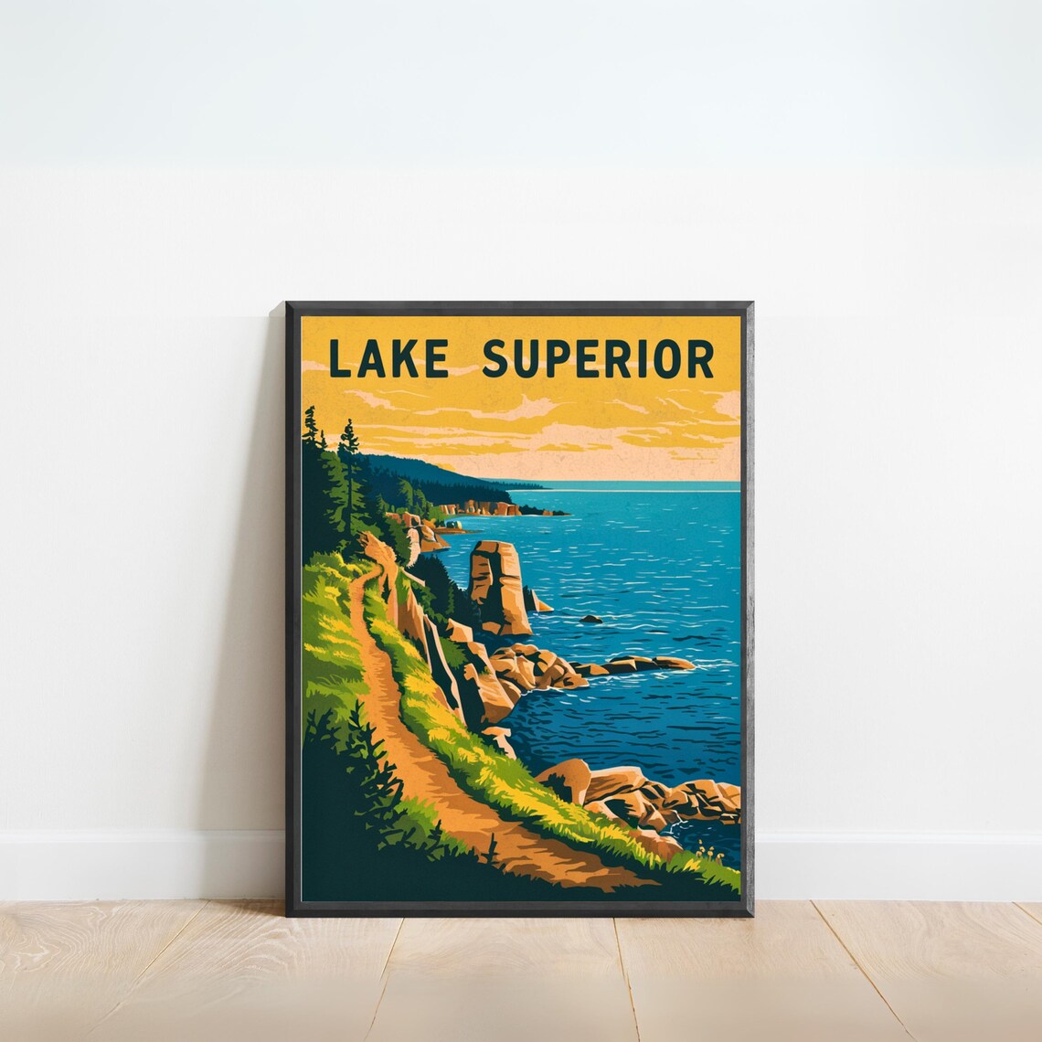 Lake Superior Vintage Rocky Coastline Trail Golden Sunset Poster