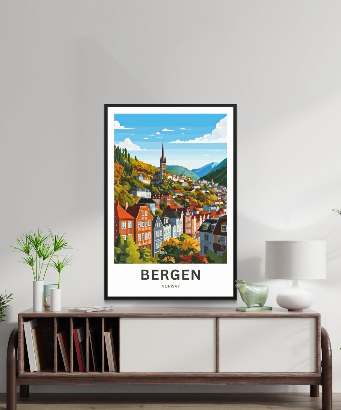 Personalized Bergen Norway Hillside Church Spire Autumn Poster - Image 2