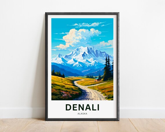 Denali Alaska Snow Capped Mountain Peaks Vintage Travel Poster