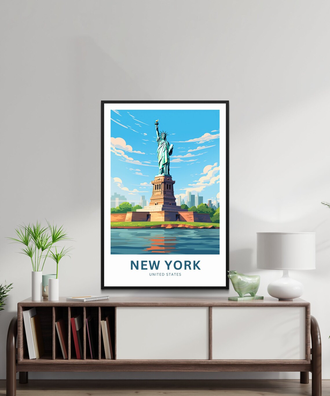 New York Statue of Liberty Harbor Blue Skyline USA Travel Poster - Image 2