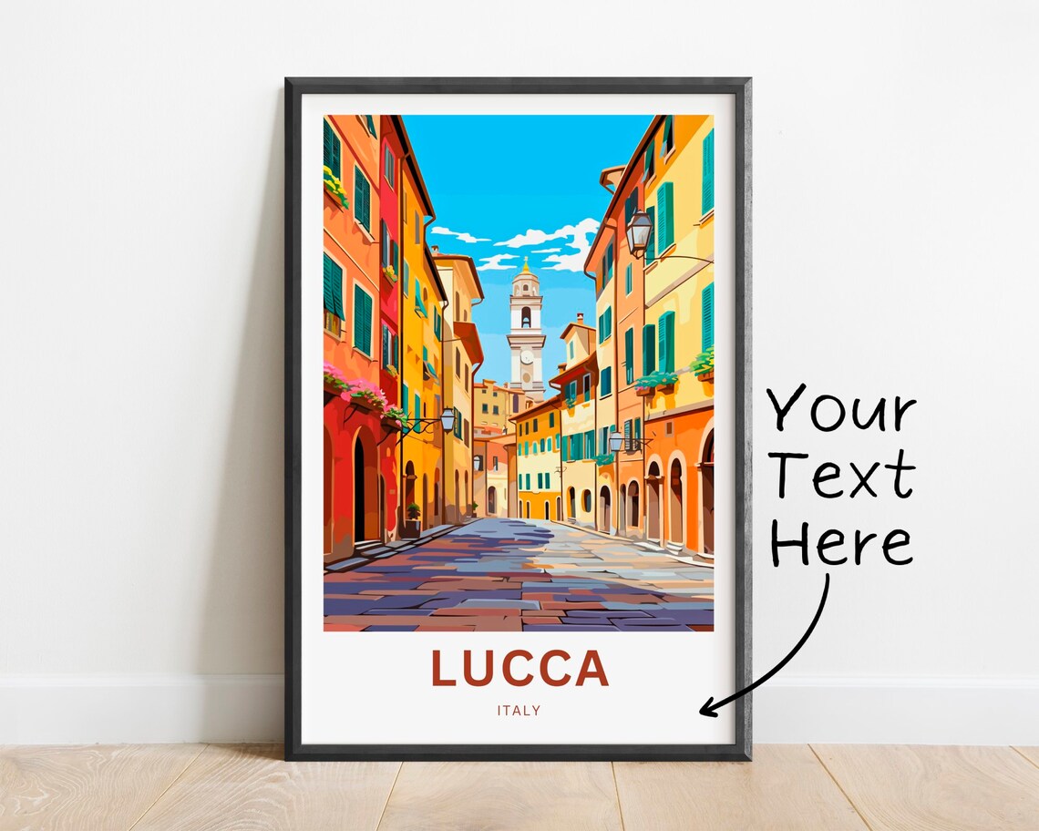 Lucca Italy Cobblestone Street Colorful Houses Clock Tower Poster