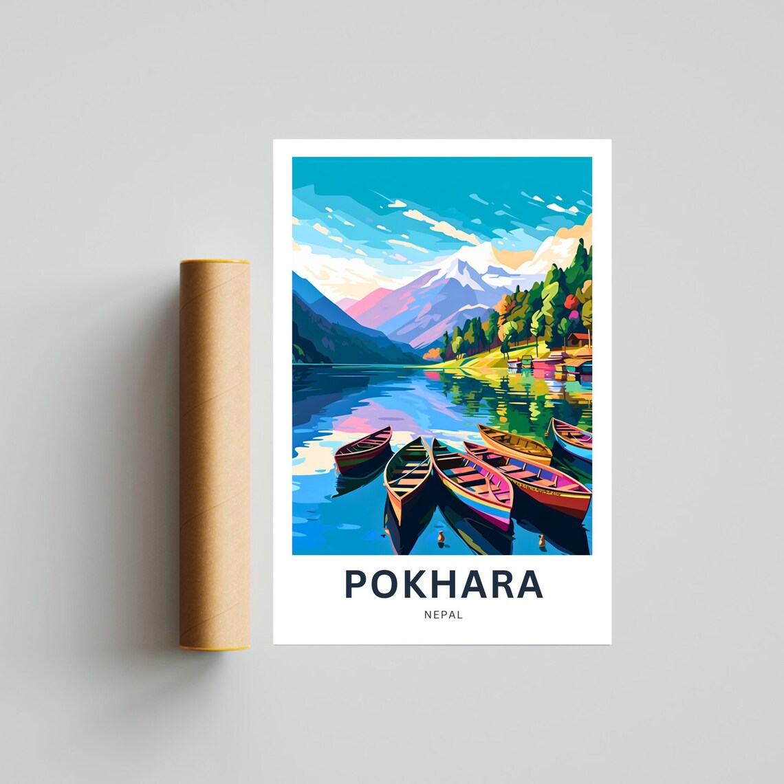 Pokhara Nepal Colorful Boats Himalayan Lake View Travel Poster - Image 4