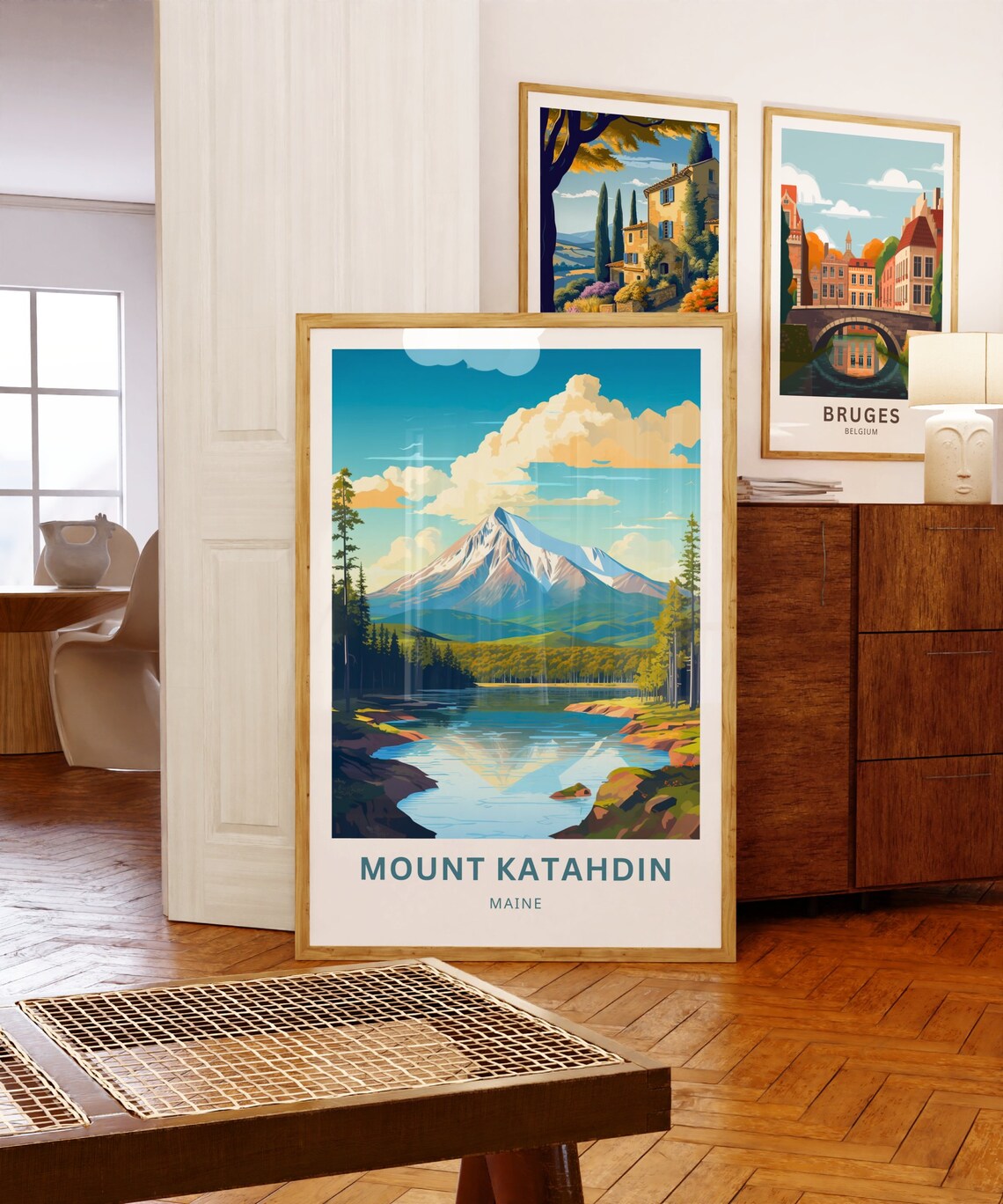 Mount Katahdin Maine Peak Reflected in Lake Travel Illustration Poster - Image 3