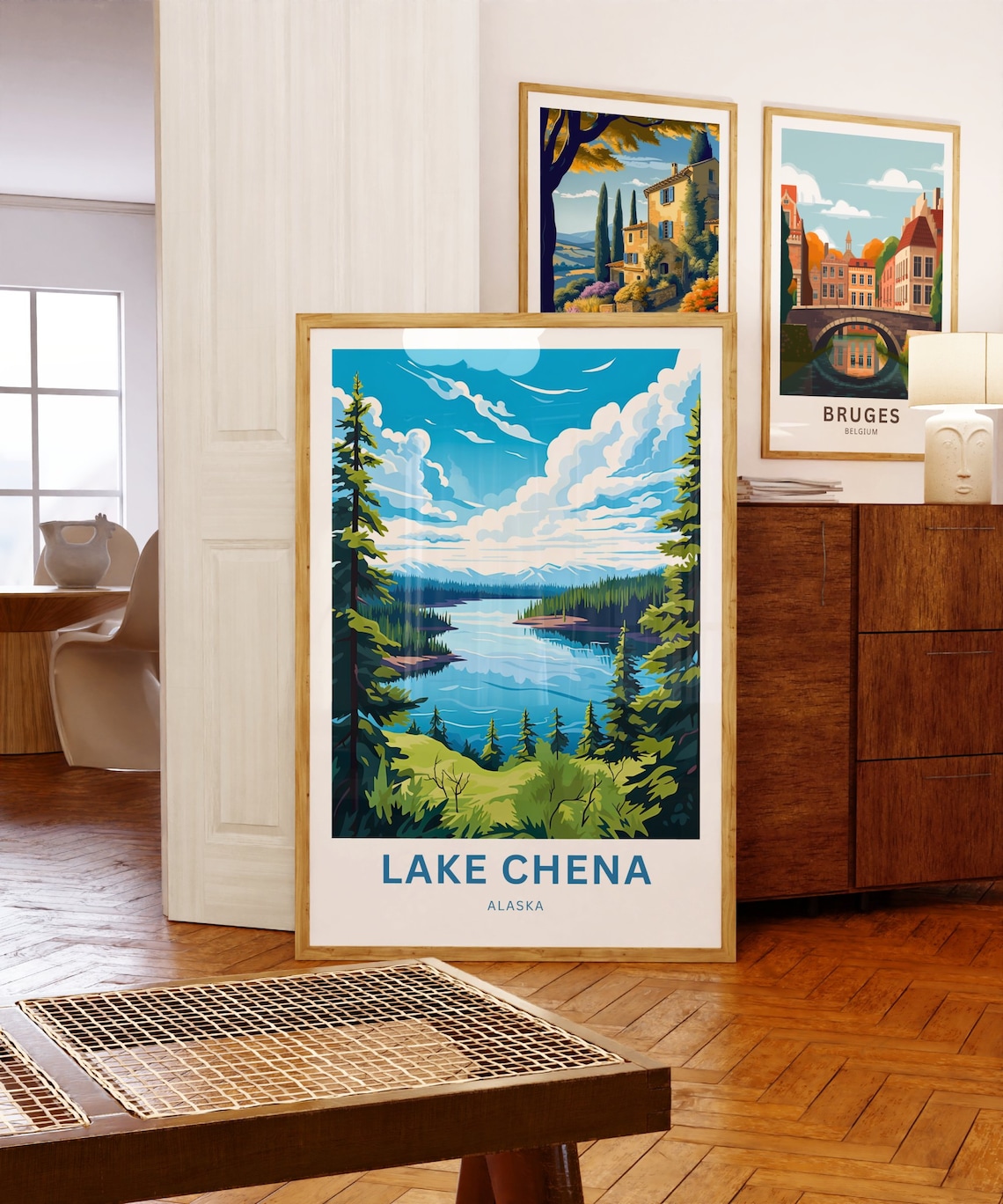Lake Chena Alaska Tall Spruce Overlook Snowy Peak Lake Poster - Image 5
