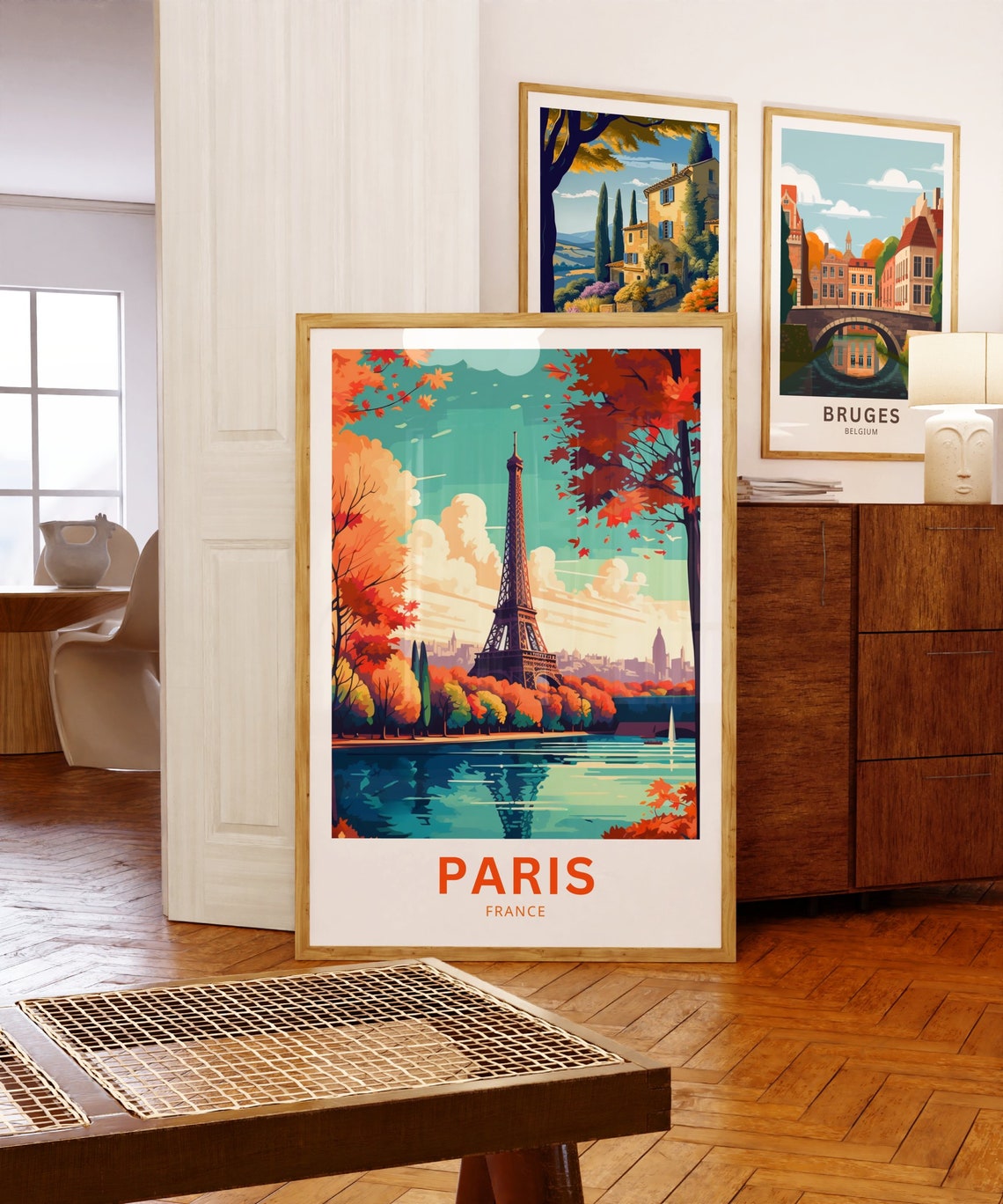 Paris France Eiffel Tower Autumn Reflection Riverside Travel Poster