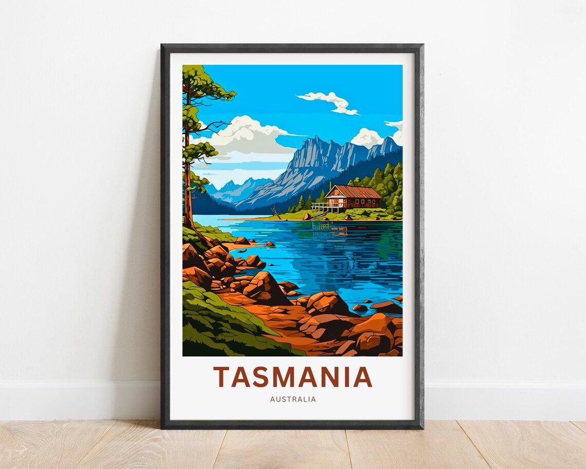Tasmania Australia Alpine Lake Cabin Mountain View Travel Poster