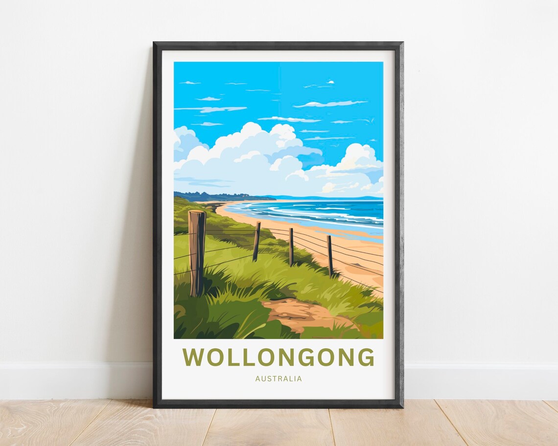 Wollongong Australia Coastal Beach Path Vintage Travel Poster Waves