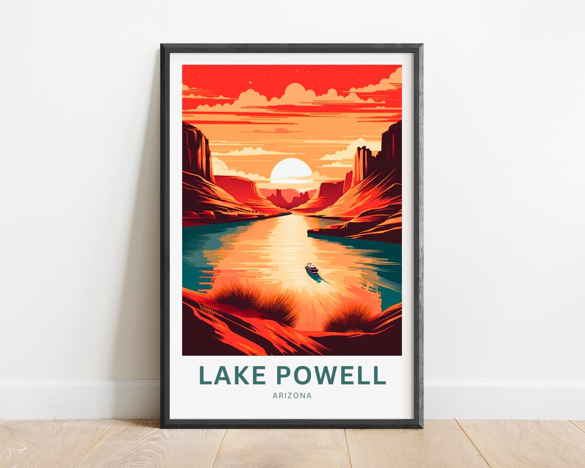 Lake Powell Arizona Canyon Sunset Boat Scenic View Travel Poster