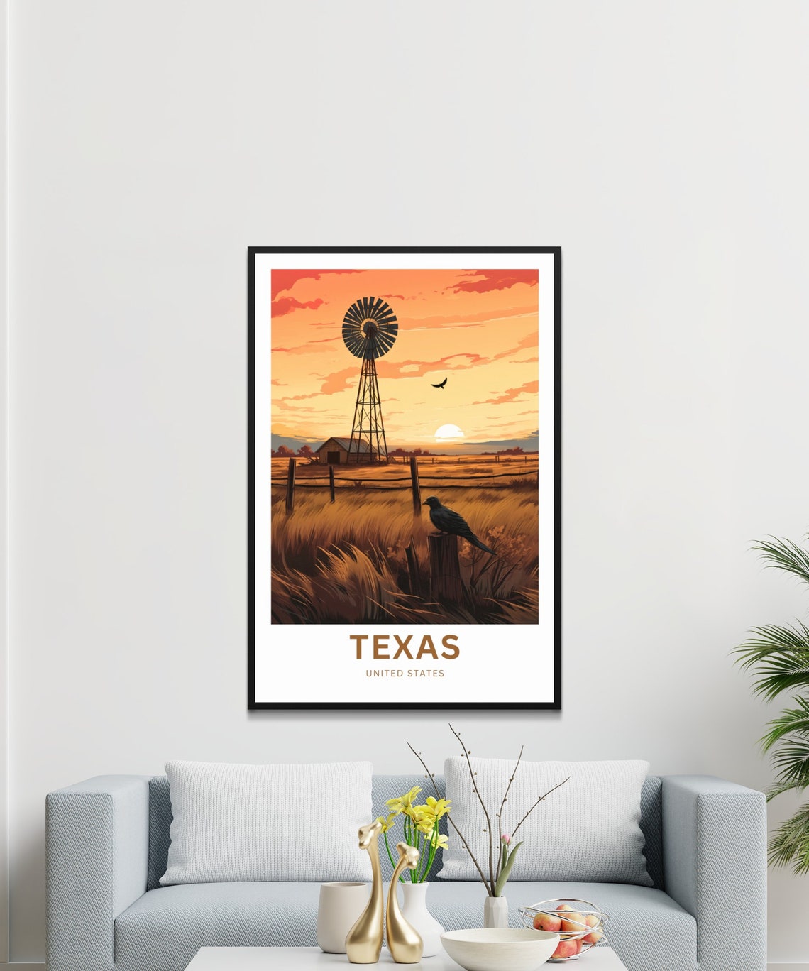 Texas Windmill Sunset Birds Fence Personalized Custom Text Poster - Image 3