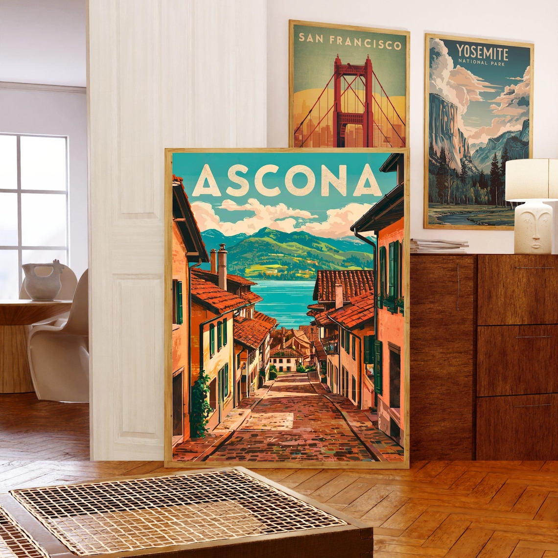 Ascona Bold Lettering Cobblestone Lane Lake Mountains Travel Poster - Image 5