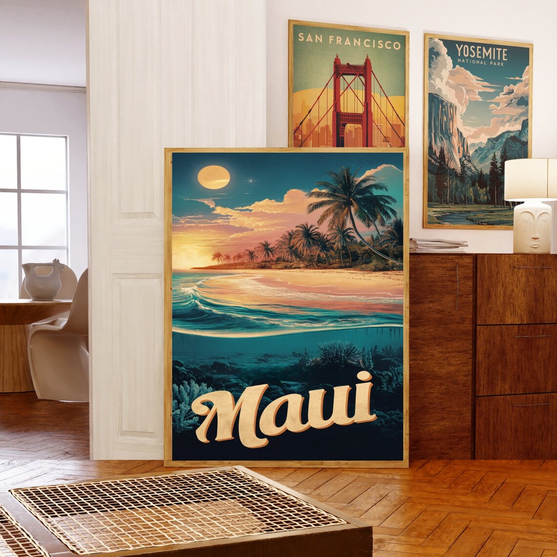 Maui Hawaii Sunset Beach Palms Coral Reef Vintage Retro Travel Poster - Image 5