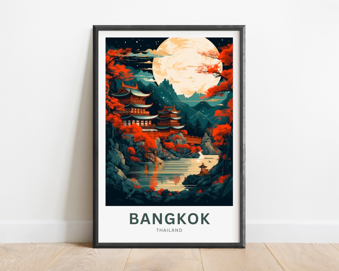 Bangkok Thailand Moonlit Pagoda Lake with Red Foliage Travel Poster