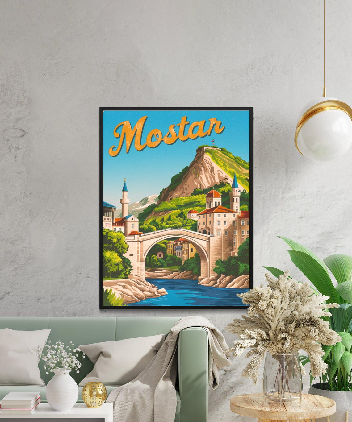 Mostar Bosnia Stone Bridge Mosque Riverside Vintage Art Travel Poster - Image 2
