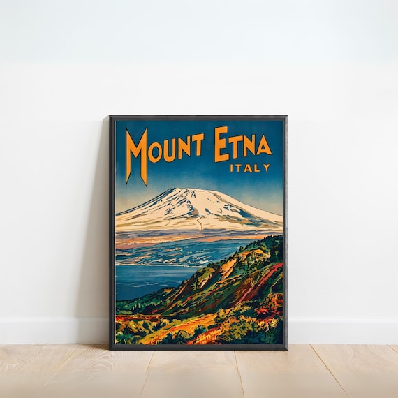 Mount Etna Sicily Italy Snowcapped Volcano Retro Vintage Travel Poster