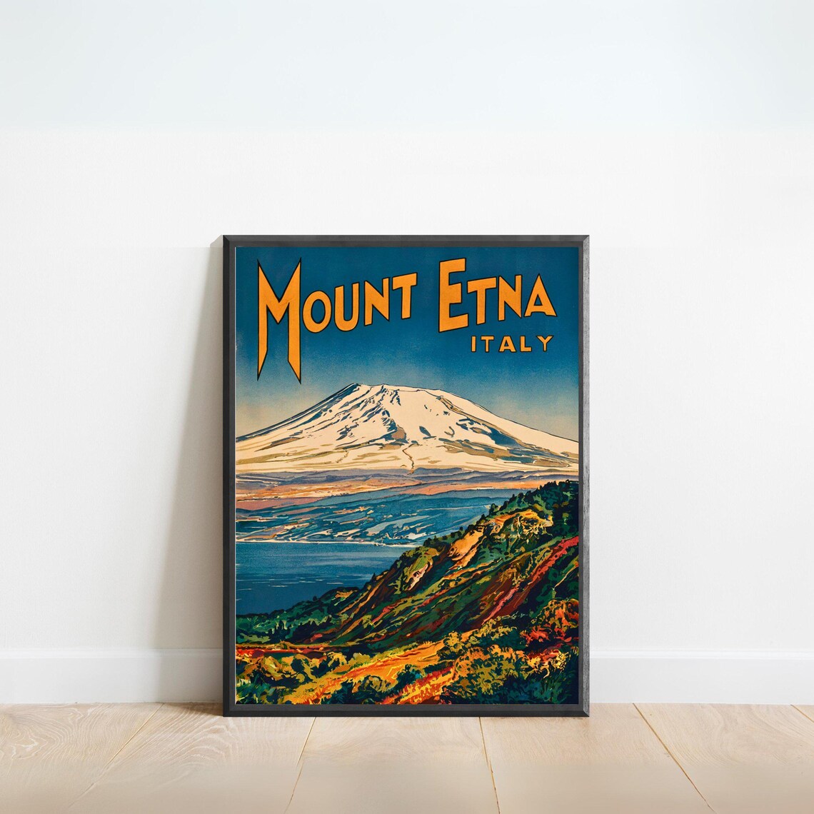 Mount Etna Sicily Italy Snowcapped Volcano Retro Vintage Travel Poster
