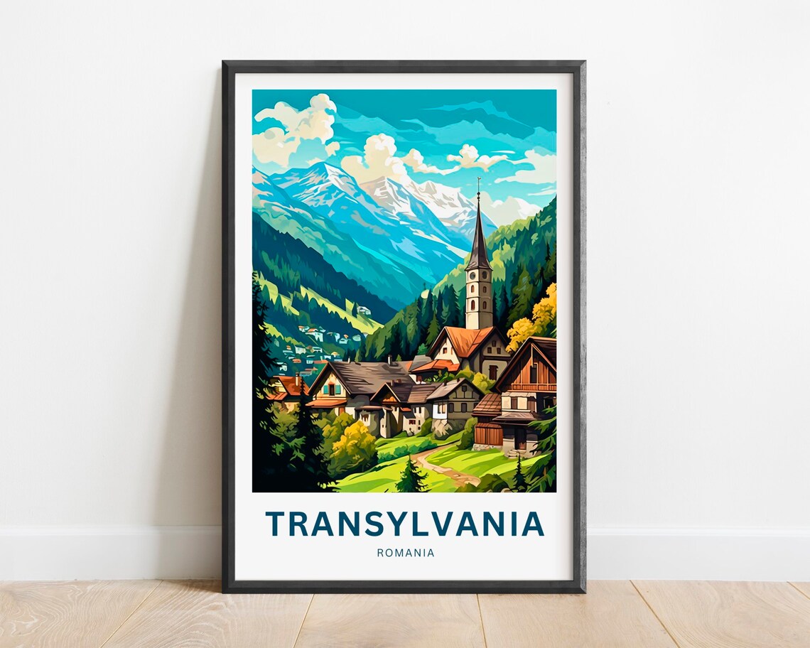 Transylvania Romania Mountain Village Church Vintage Travel Poster