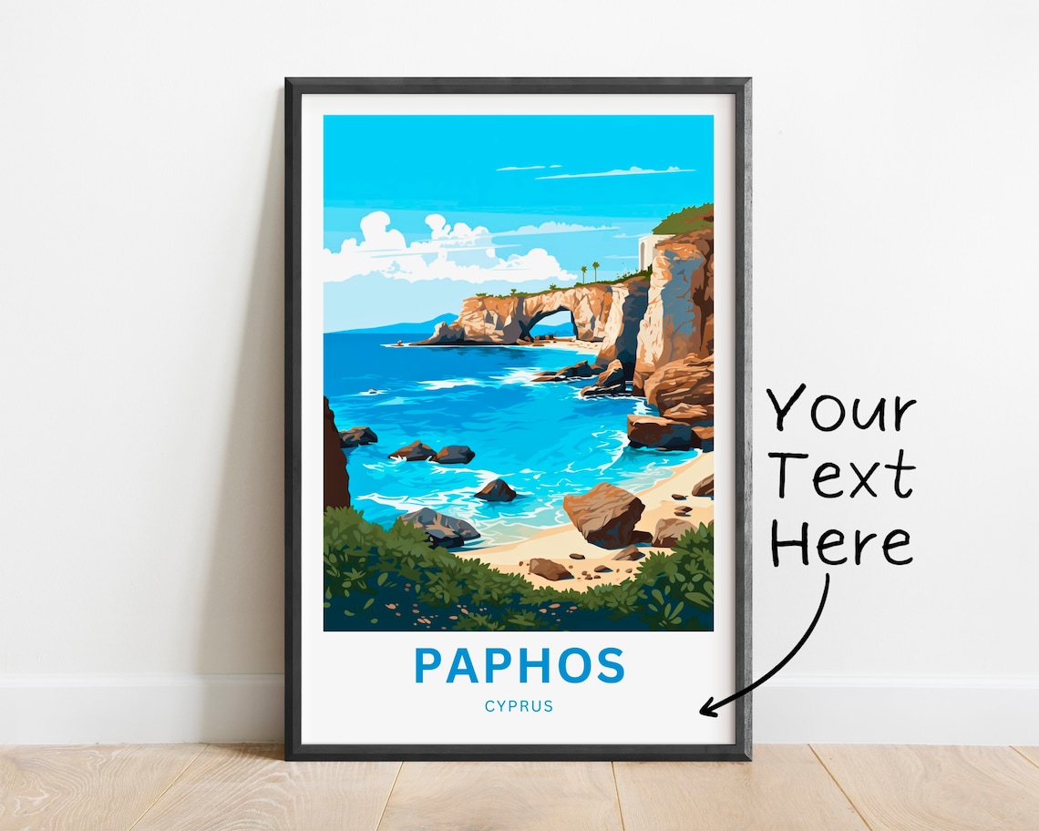 Paphos Cyprus Natural Sea Arch Rocky Beach Travel Art Poster - Image 2