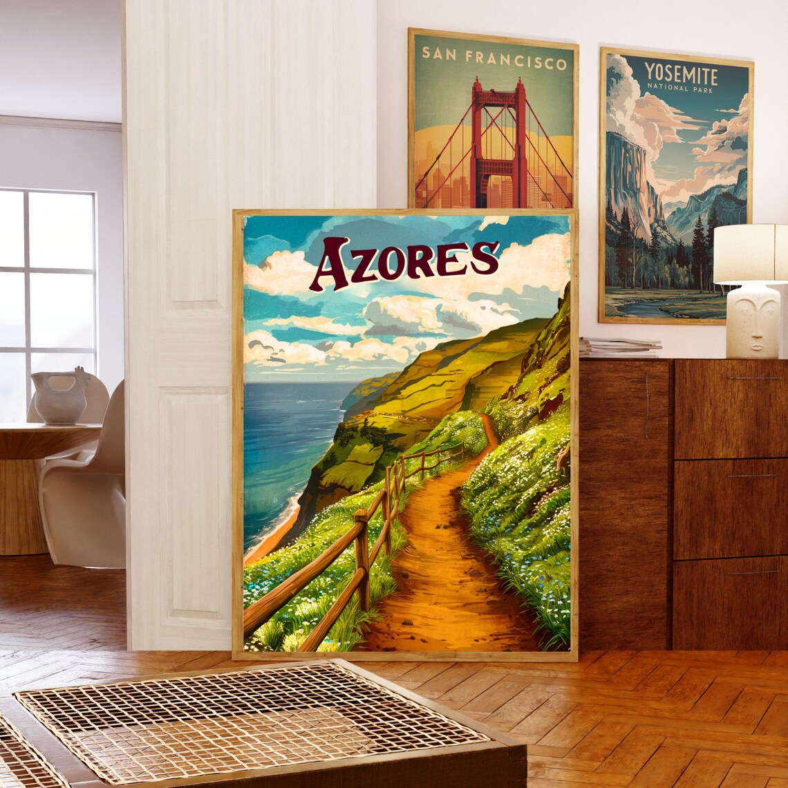 Azores Vintage Coastal Hiking Trail Ocean Hills Travel Poster - Image 3