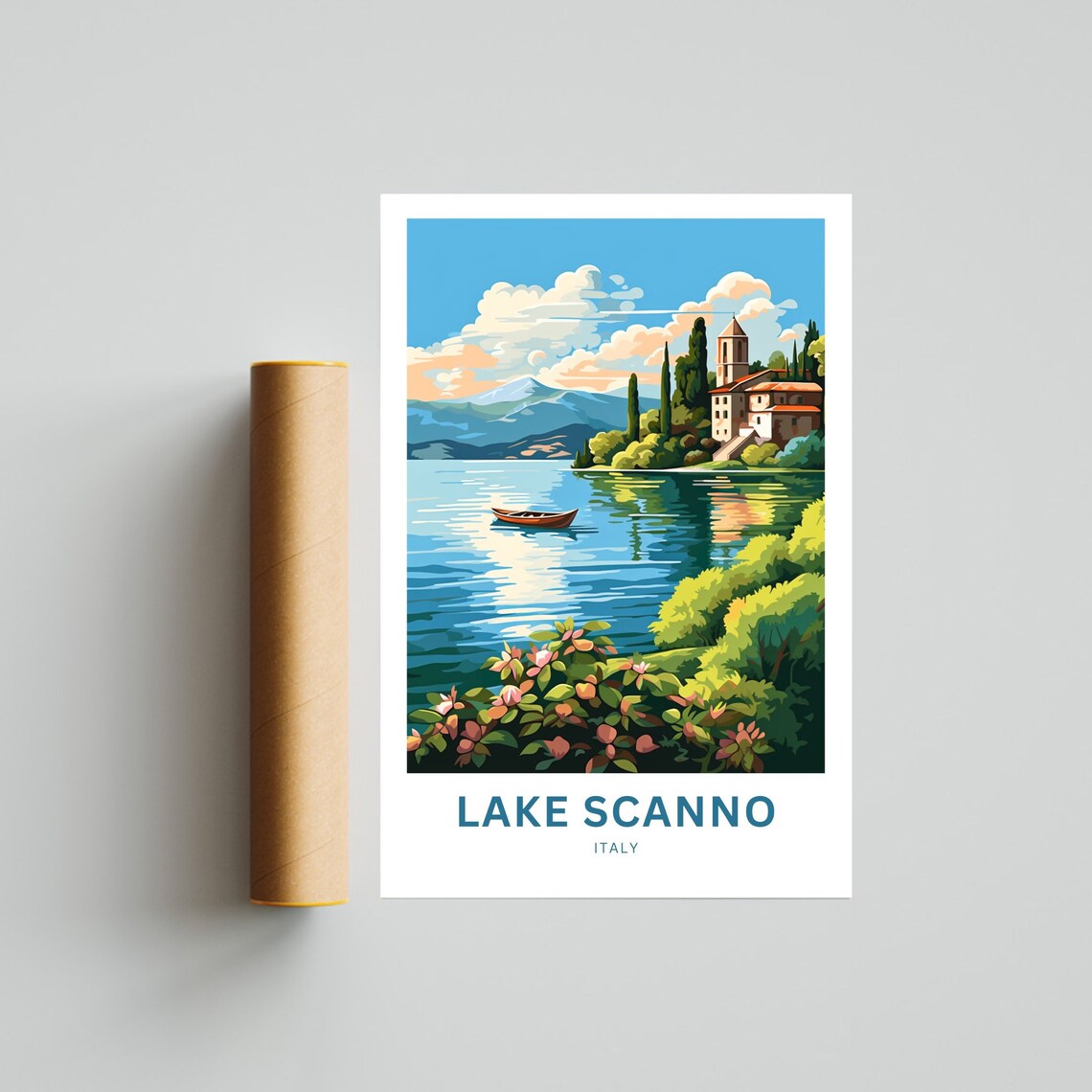 Lake Scanno Italy Lakeside Church Rowboat Flowers Romantic Poster - Image 4