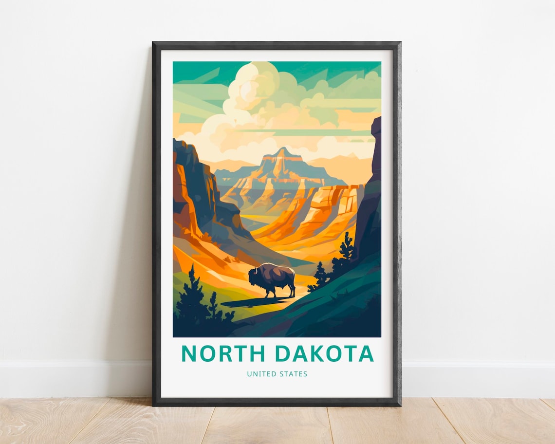 North Dakota Travel Poster, United States Road Trip Map
