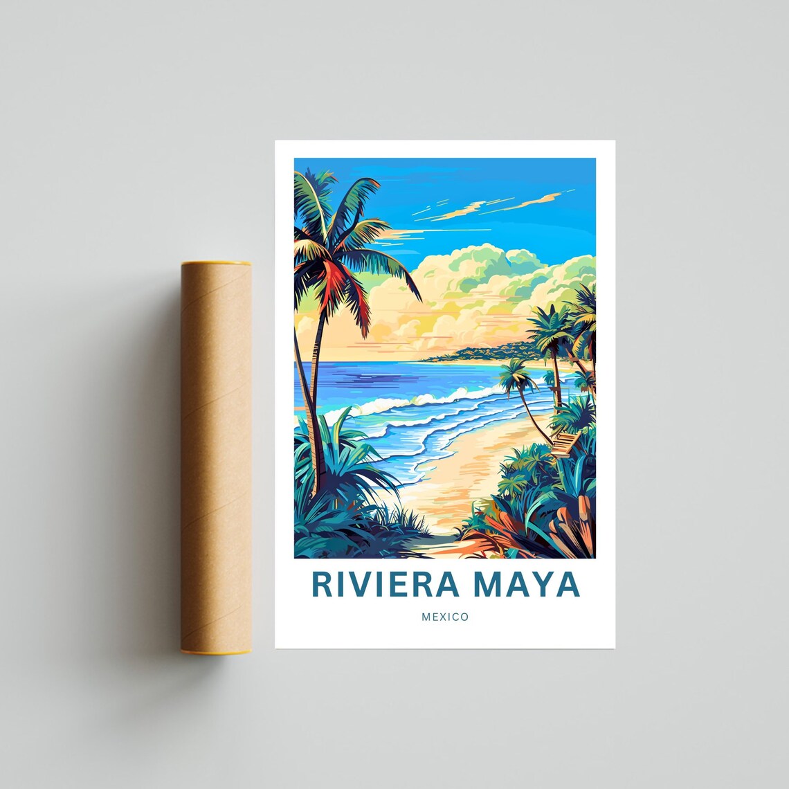 Riviera Maya Mexico Turquoise Surf Palm Beach Art Travel Poster - Image 4