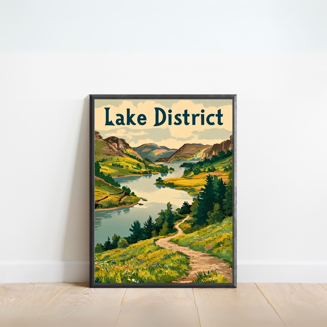 Lake District Vintage Poster Winding Lake Between Green Fells
