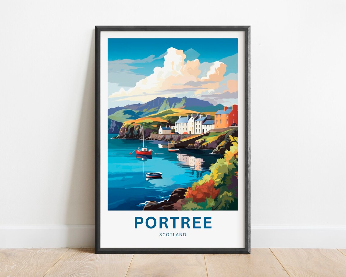 Portree Scotland Harbor Boats Seaside Cliffs Village Scene Poster