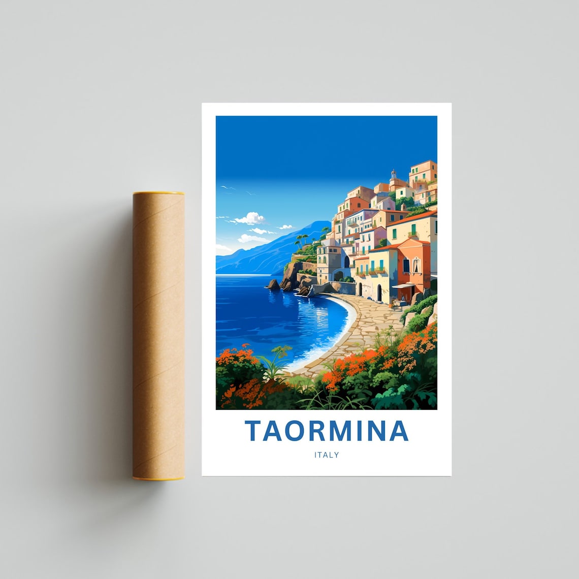 Taormina Italy Seaside Cove Colorful Houses Illustrated Poster - Image 4
