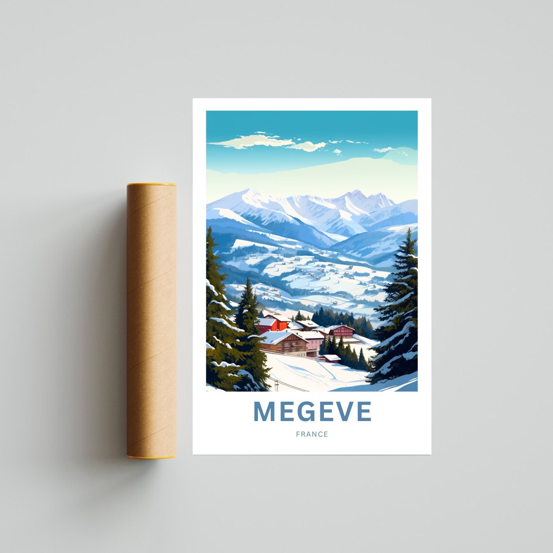 Megeve France Snowy Alpine Village Winter Ski Vintage Travel Poster - Image 2