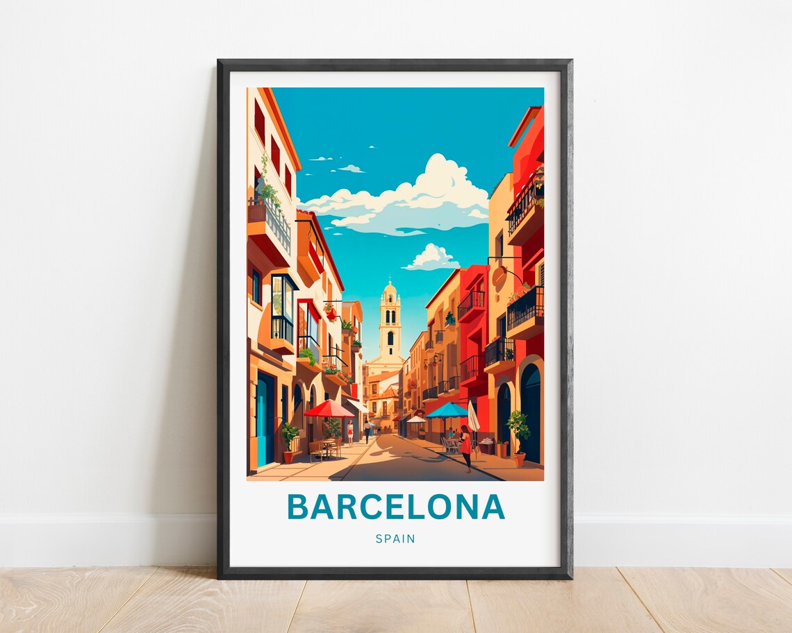 Barcelona Spain Sunlit Old Street Bell Tower and Cafes Poster