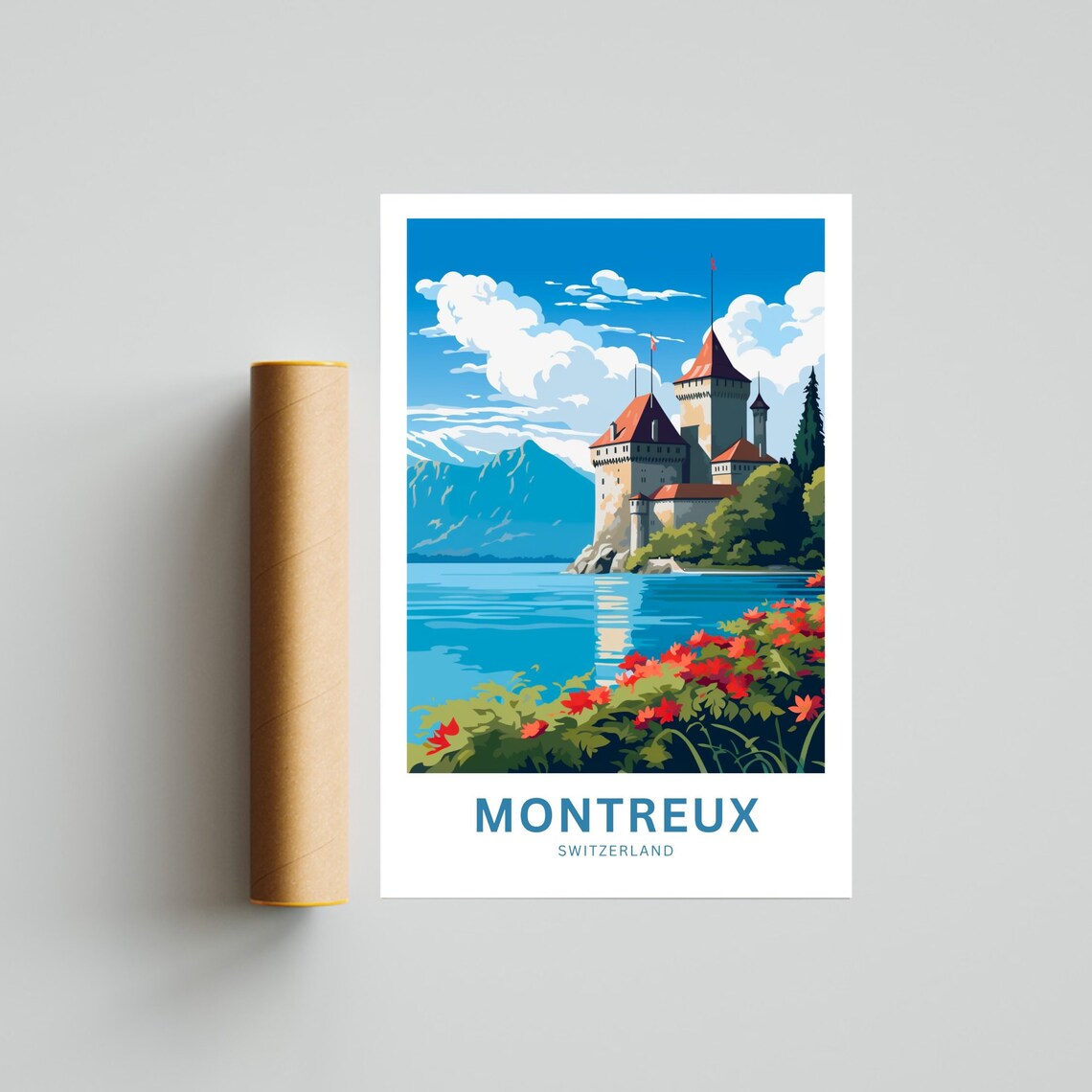 Montreux Switzerland Lakeside Castle Red Flowers Custom Travel Poster - Image 4