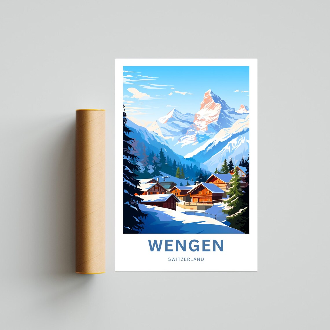 Wengen Switzerland Snowy Alpine Village Chalets Custom Gift Poster - Image 4