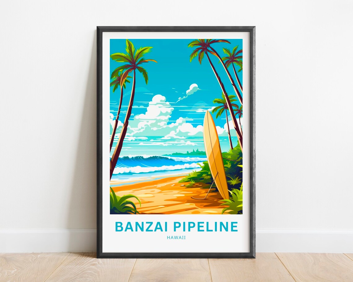 Banzai Pipeline Hawaii Surfboard on a Tropical Beach Art Poster