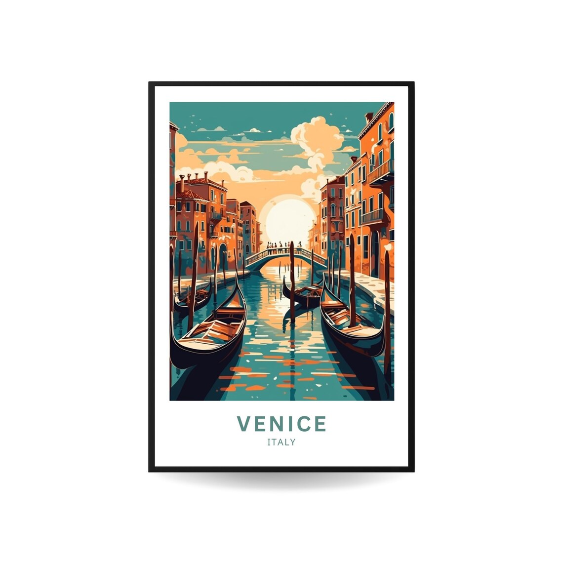 Venice Italy Sunset Canal Gondolas Golden Hour Travel Poster Art