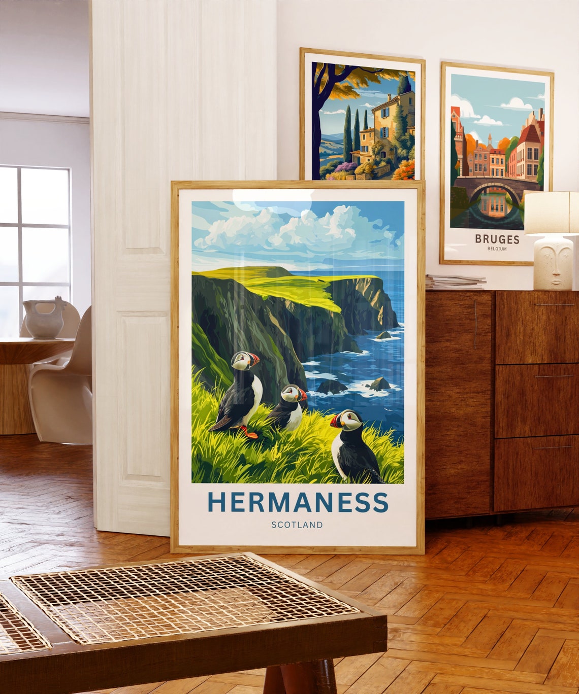 Hermaness Scotland Three Puffins on Grassy Cliff Edge Poster - Image 5