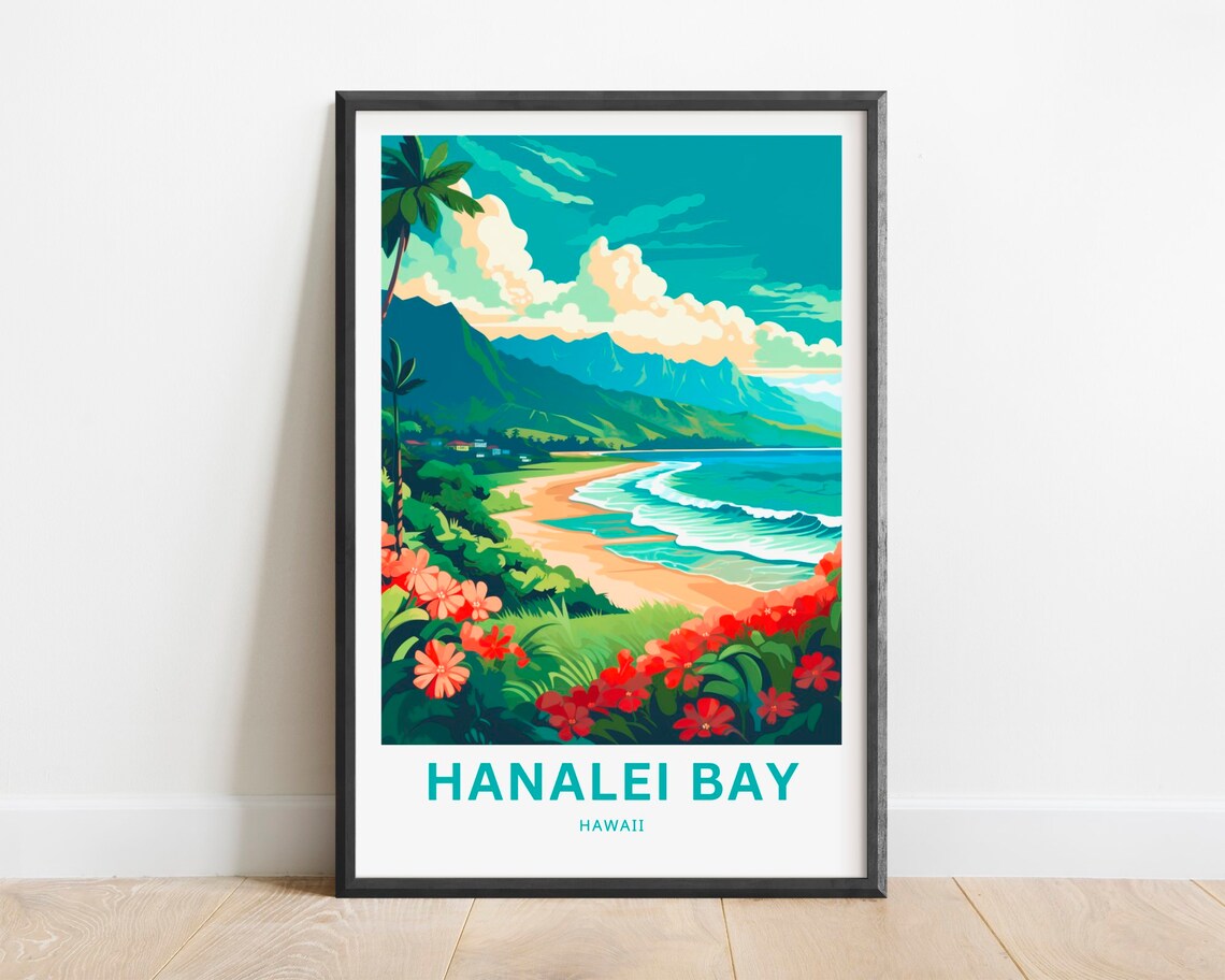 Hanalei Bay Hawaii Tropical Beach Waves Mountain Flowers Travel Poster