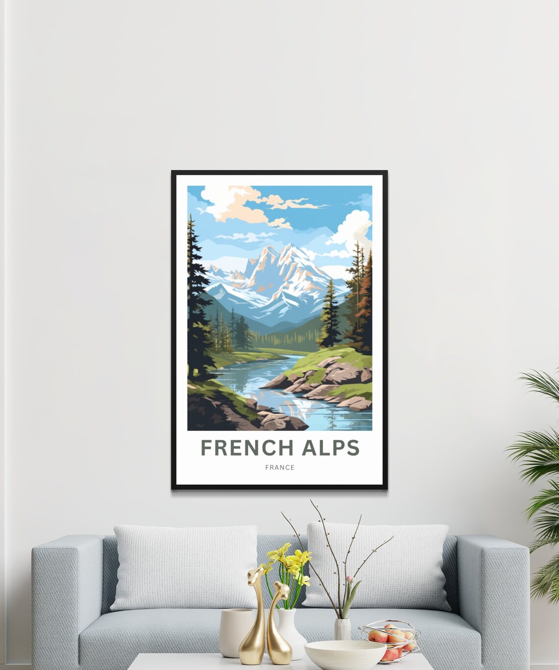 French Alps France Alpine River Pines Snow Peak Mountain Poster - Image 3