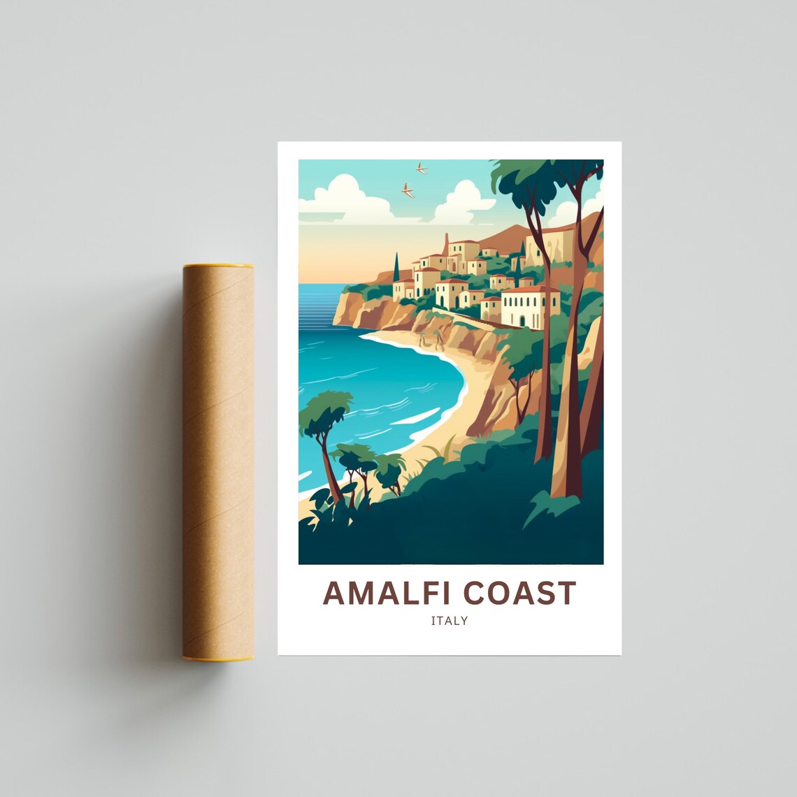 Amalfi Coast Italy Cliffside Village Beach Cove Pines Travel Poster - Image 5