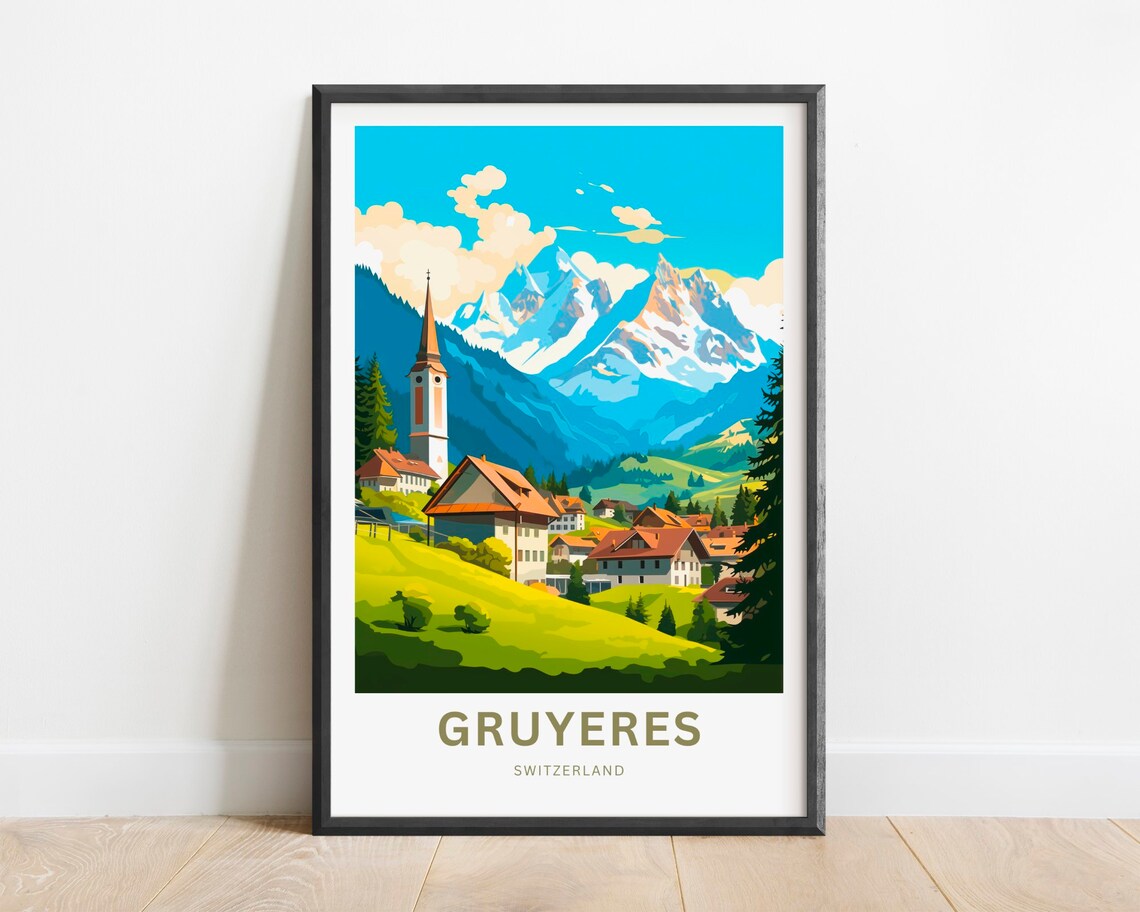 Gruyeres Switzerland Alpine Village Church Peaks Travel Poster