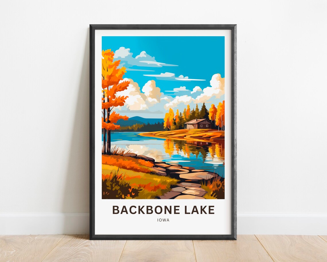 Backbone Lake Iowa Autumn Cabin Lakeside Golden Foliage Art Poster
