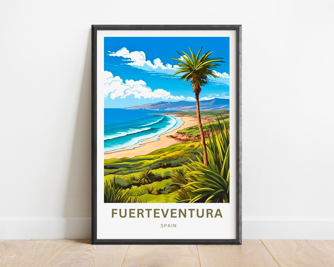 Fuerteventura Spain Lone Palm Tree Over Wide Sandy Beach Poster