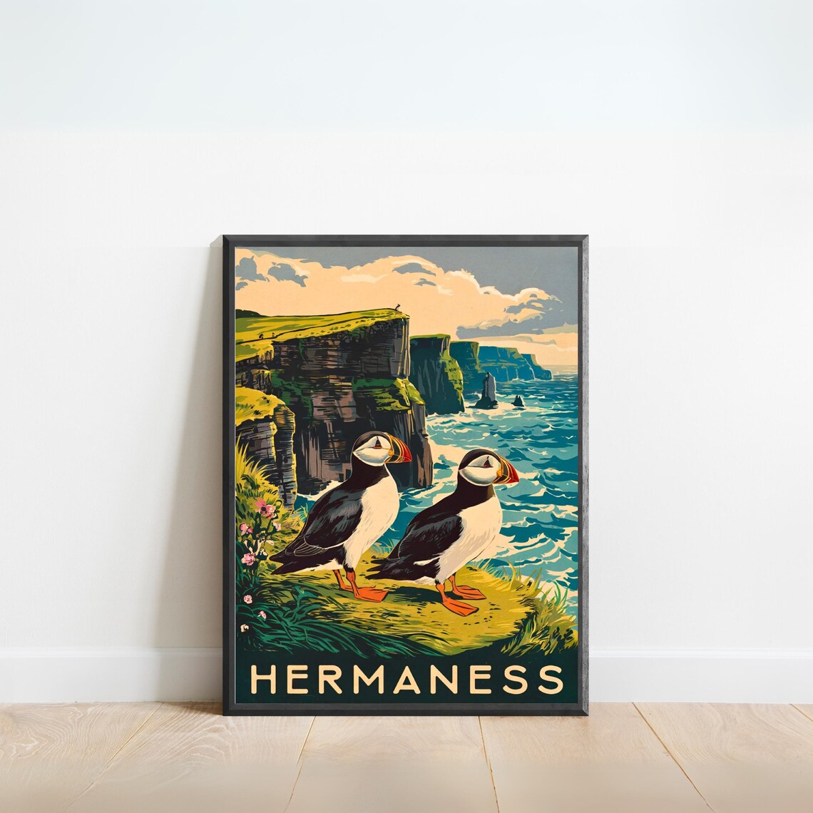 Hermaness Scotland Vintage Puffins on Cliff Over Ocean Waves Poster