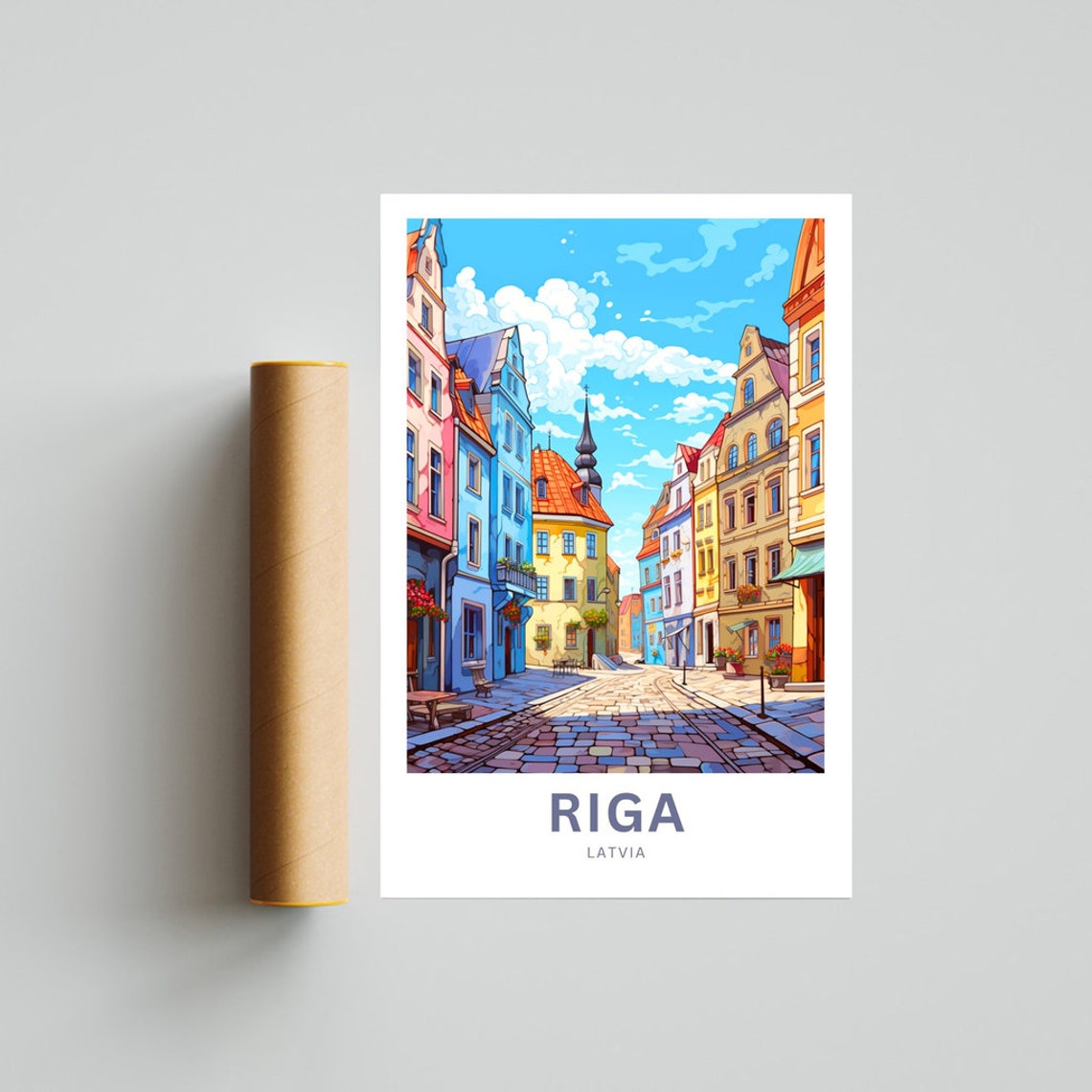 Riga Latvia Old Town Cobbled Street Pastel Facades Travel Poster - Image 4