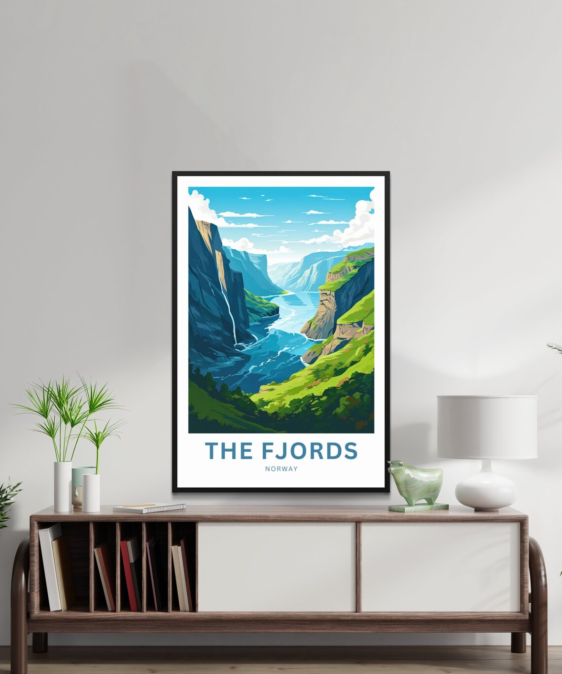 The Fjords Norway Custom Text Blue Fjord Waterfall Cliff Travel Poster - Image 3