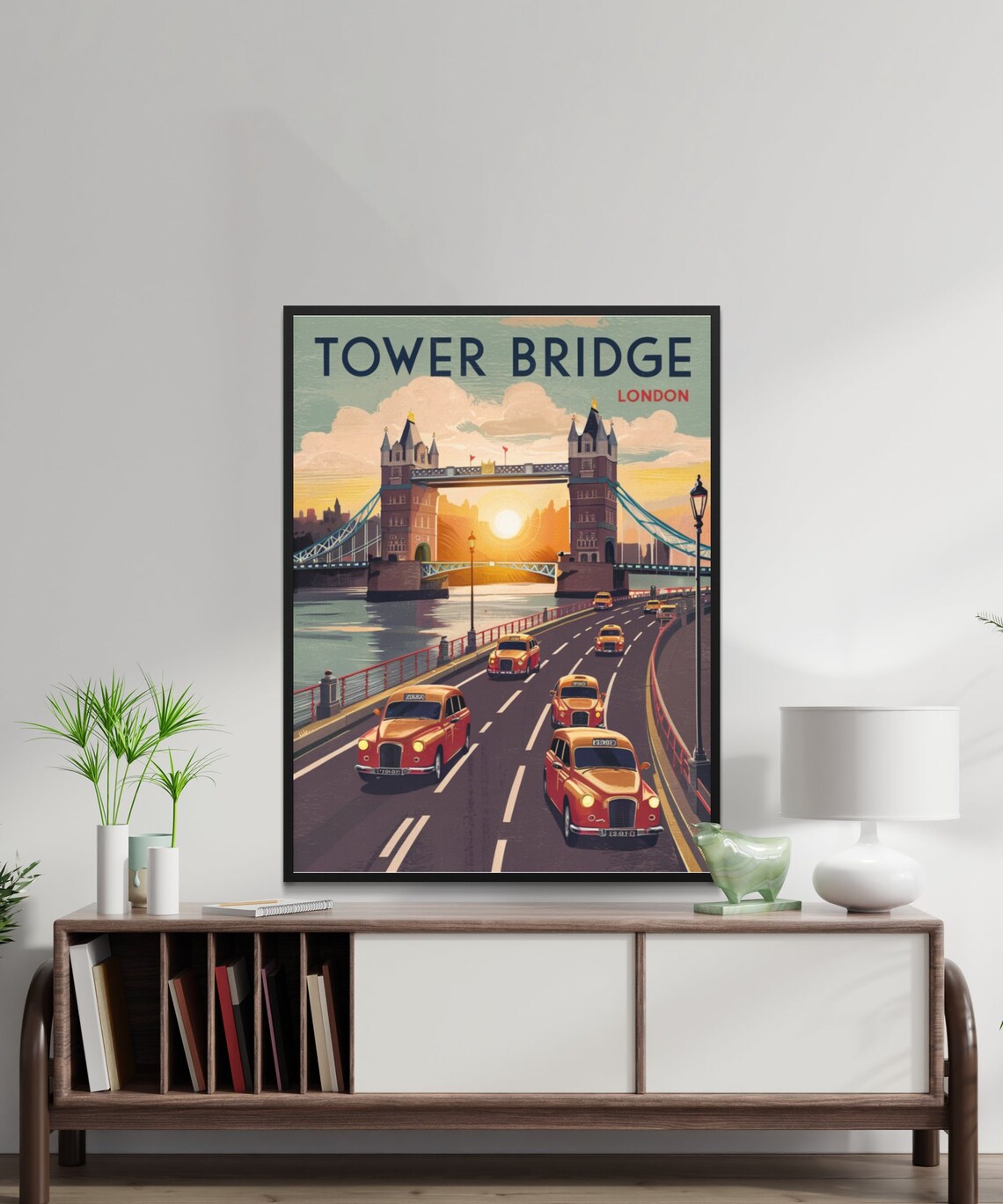Tower Bridge London Sunset Retro Taxi River Thames Travel Poster - Image 2