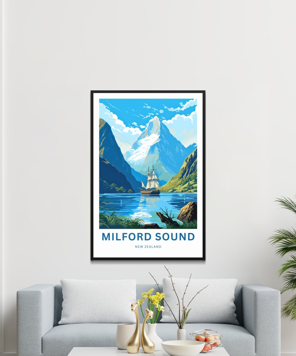 Milford Sound New Zealand Tall Ship Blue Snowy Summit Travel Poster - Image 3