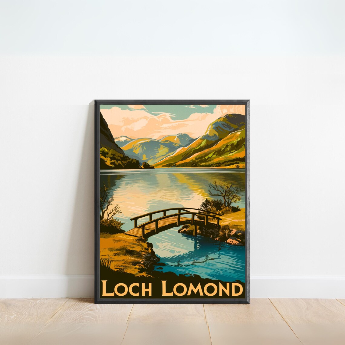 Loch Lomond Retro Wooden Bridge Calm Lake Mountain Scene Poster